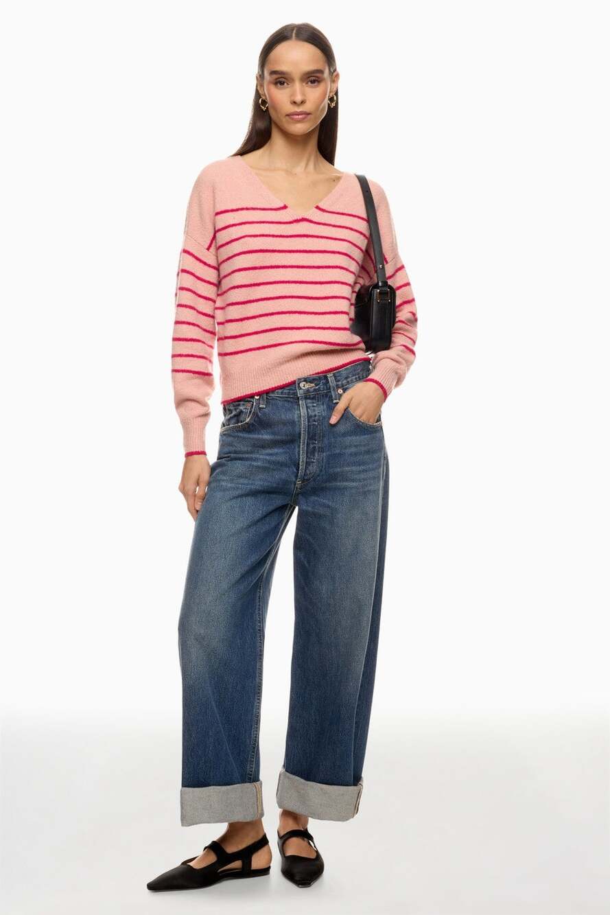 Madewell Sweater Medium Pink Red Stripe V Neck Relaxed Knit Preppy Cozy